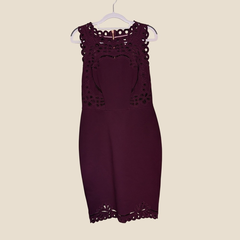 Ted Baker Verita Burgundy Laser Cut Scalloped Sheath Dress Size 3/US 8 - Picture 2 of 10